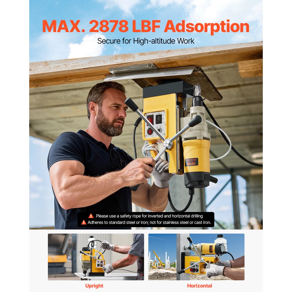 VEVOR Magnetic Drilling Machine Core Drill 1400 W φ50 mm, 12800 N Portable Electric Magnetic Drilling Machine with 6 Core Drills, 650 RPM Drilling Machine for Metal Surfaces Industrial DIY Yellow