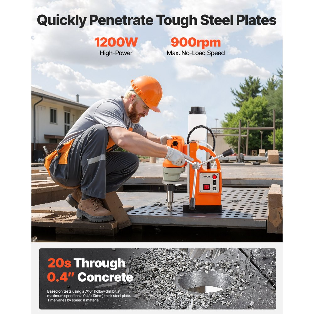 VEVOR Trapano Magnetico 1200W, Diametro di Foratura 38mm, Potenza 10000N, Velocità 900 giri/min con Attacco Raffreddamento, per Superfici Metalliche, Trapano a Colonna Fai-da-te