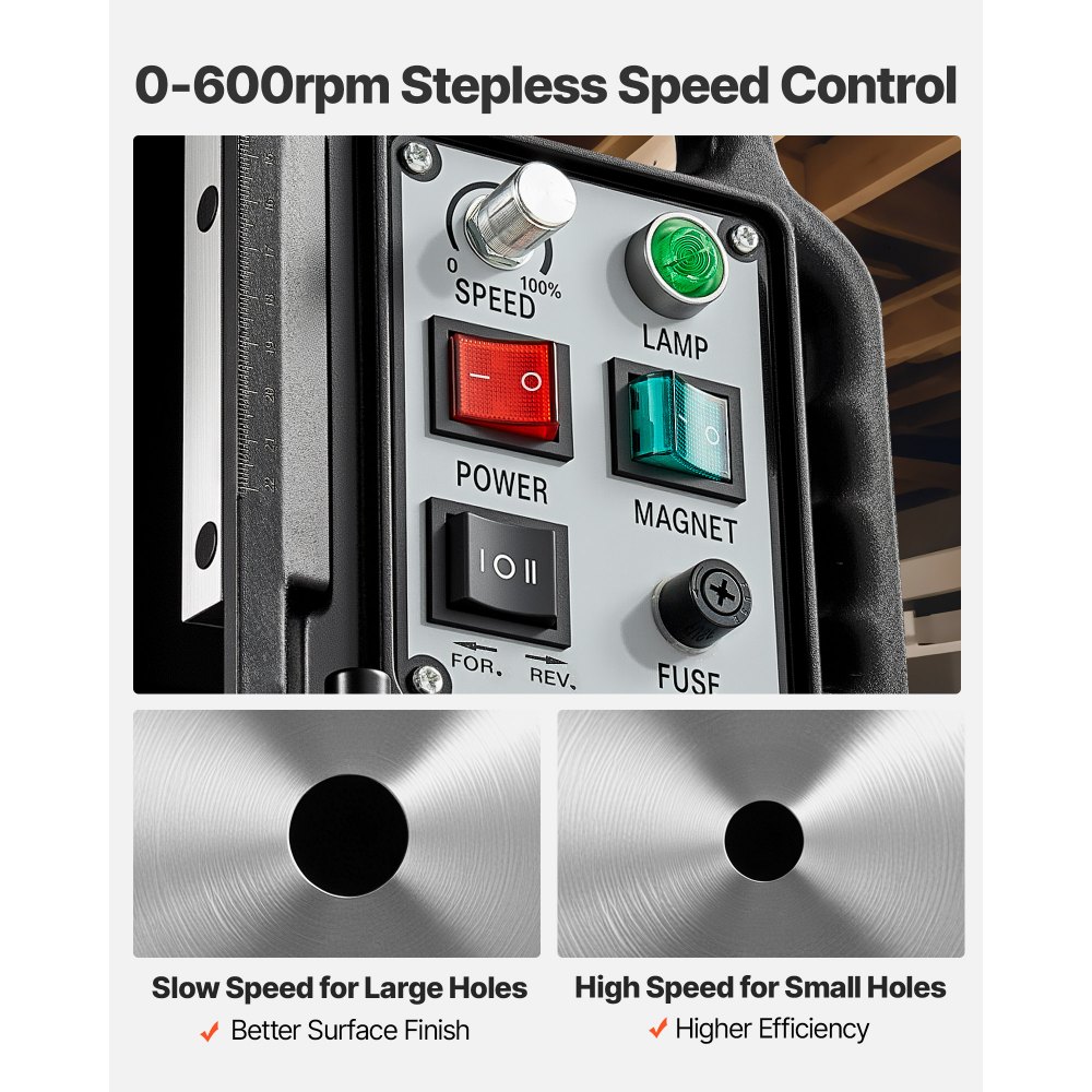 VEVOR Trapano Magnetico 1550 W, Diametro di Foratura 60 mm, Potenza 13000 N Corsa max. 200 mm con Cono Morse Velocità Regolabile, Trapano a Colonna per Superfici Metalliche, Fai-da-te