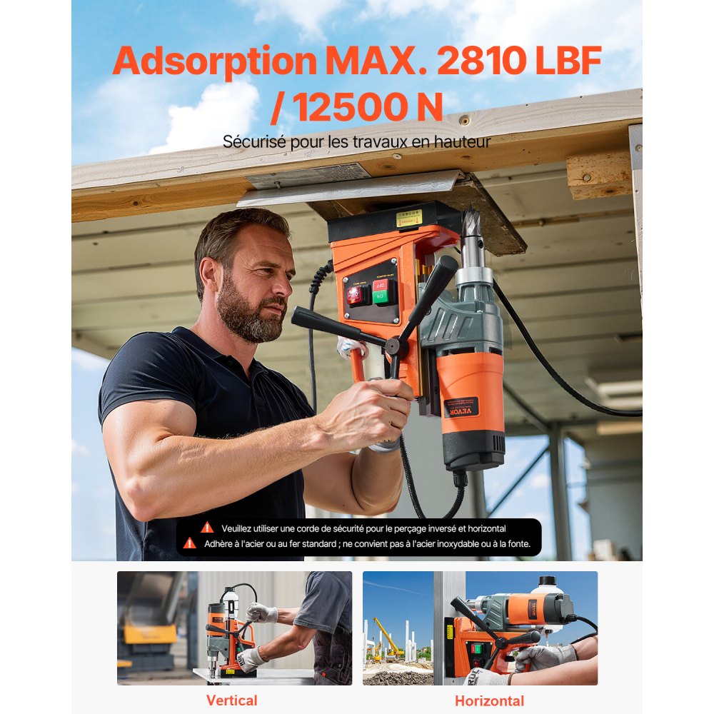 VEVOR Trapano magnetico, Trapano a colonna portatile 1450 W, 12500 N, 850 giri/min, max. Diametro del foro (punta per carotaggio) 40 mm, max. Profondità di carotaggio 50 mm