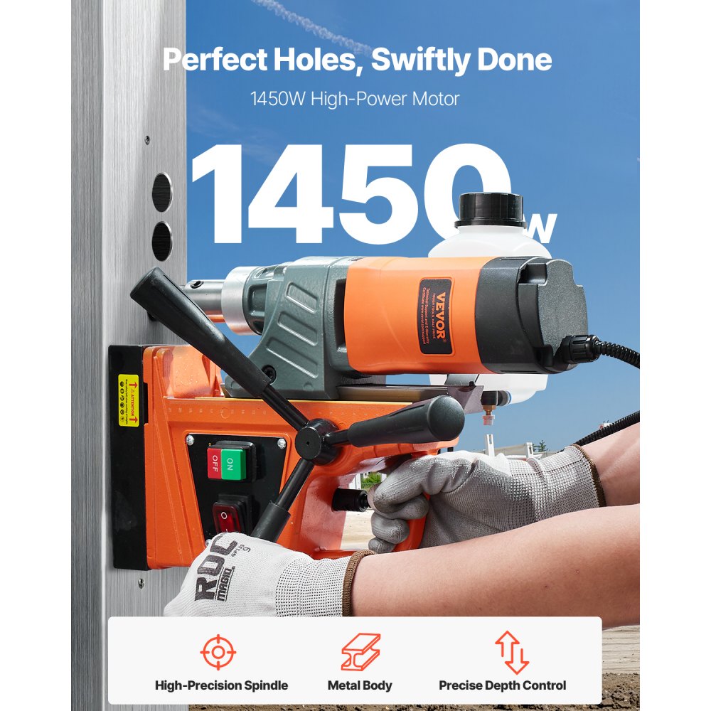 VEVOR Trapano magnetico, Trapano a colonna portatile 1450 W, 12500 N, 850 giri/min, max. Diametro del foro (punta per carotaggio) 40 mm, max. Profondità di carotaggio 50 mm