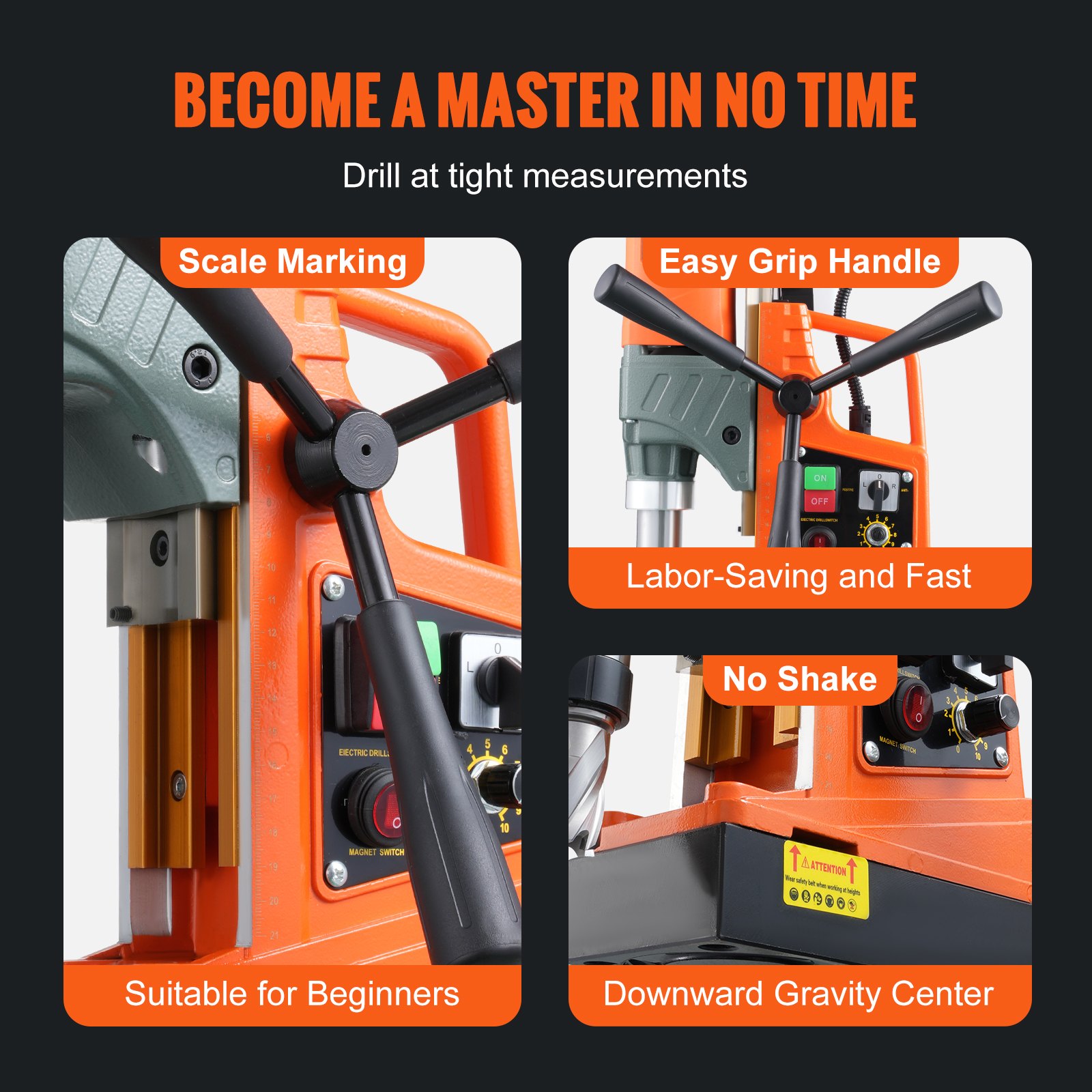 VEVOR Trapano magnetico, Trapano a colonna portatile 1450 W, 12800 N, 800 giri/min, Diametro del foro punta per carotaggio max. 50 mm, Profondità di carotaggio max. 50 mm, per edilizia