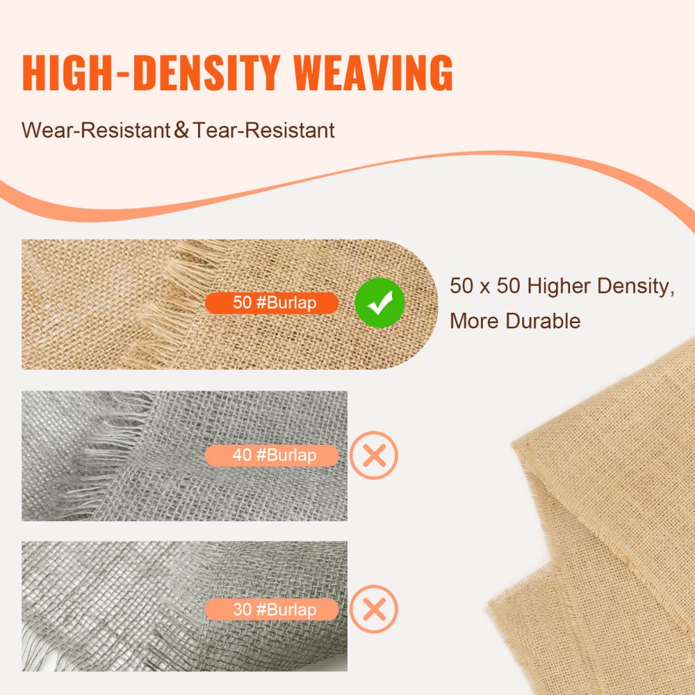 VEVOR Jute Fabric, Burlap Fabric Roll, 50x50 High-Density Wide Natural Burlap Fabric Rolls, 1016mm x 22.86m, for Decoration, Crafts, Wedding, Gardening, Plant & Tree Winter Cover