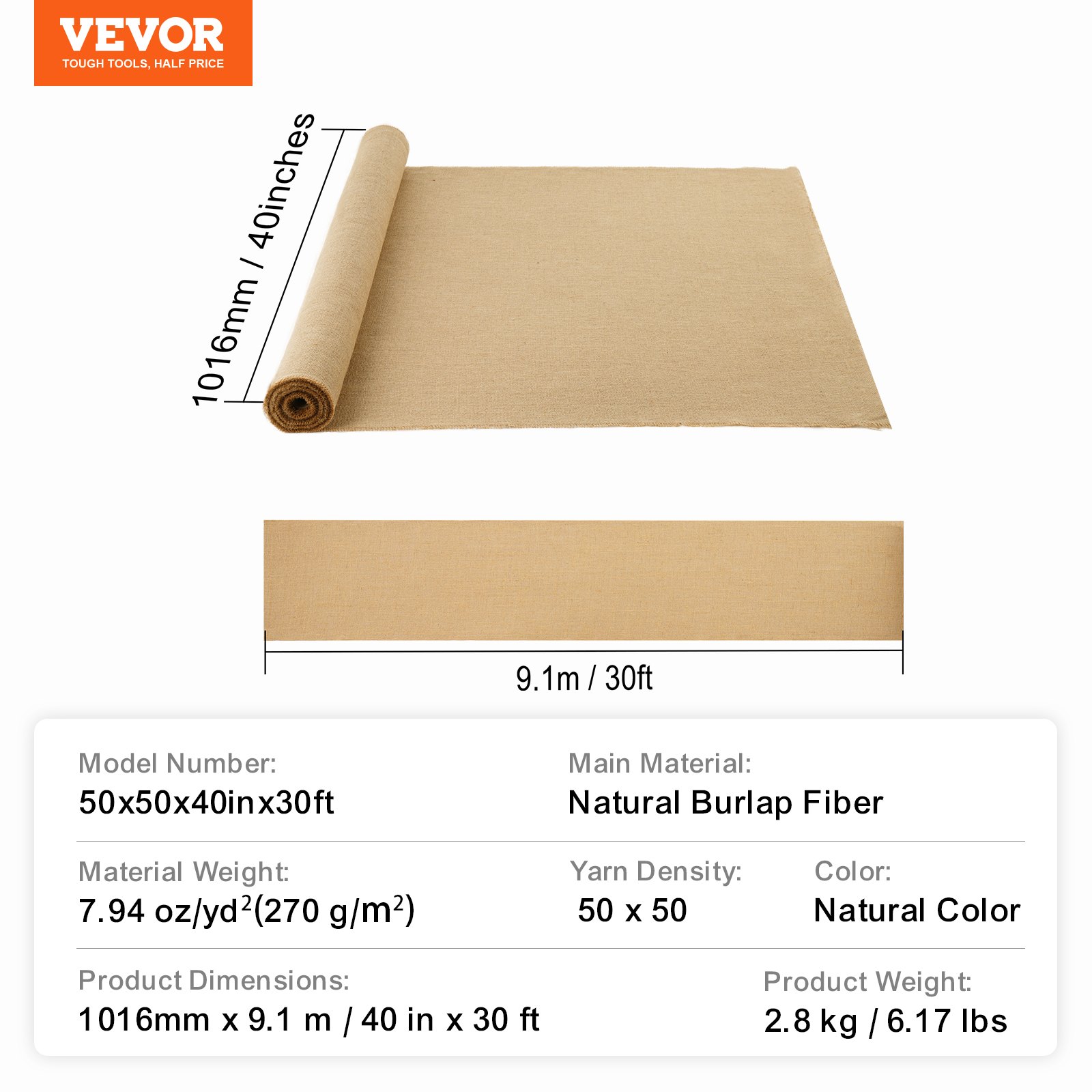 VEVOR Jute Fabric, Burlap Fabric Roll, 50x50 High-Density Wide Natural Burlap Fabric Rolls, 1016mm x 9.1m, for Decoration, Crafts, Wedding, Gardening, Plant & Tree Winter Cover