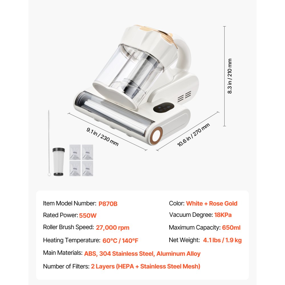 VEVOR Aspirapolvere per Materassi, 550 W con Cavo, Aspirazione Potente da 18 Kpa, Doppio Contenitore per Polvere, Filtro HEPA e Riscaldamento, Tecnologia a Ultrasuoni e Luci, Bianco