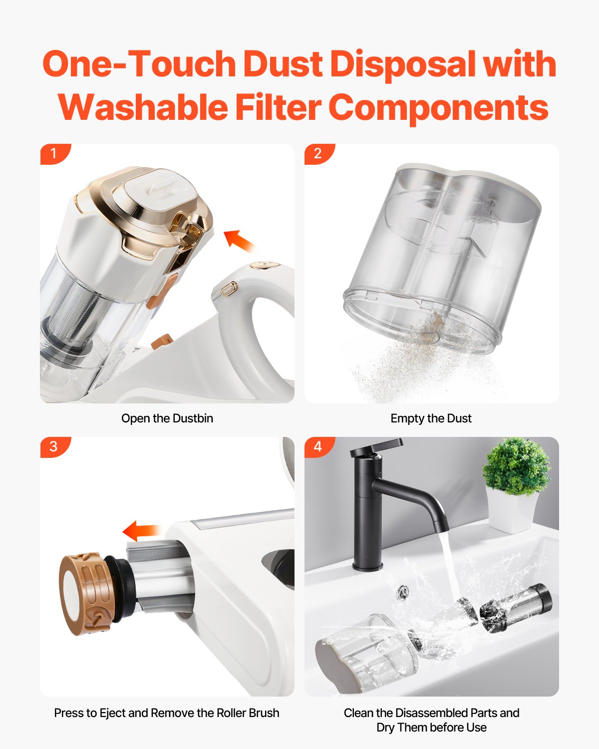 VEVOR Aspirapolvere per Materassi, 550 W con Cavo, Aspirazione Potente da 18 Kpa, Doppio Contenitore per Polvere, Filtro HEPA e Riscaldamento, Tecnologia a Ultrasuoni e Luci, Bianco