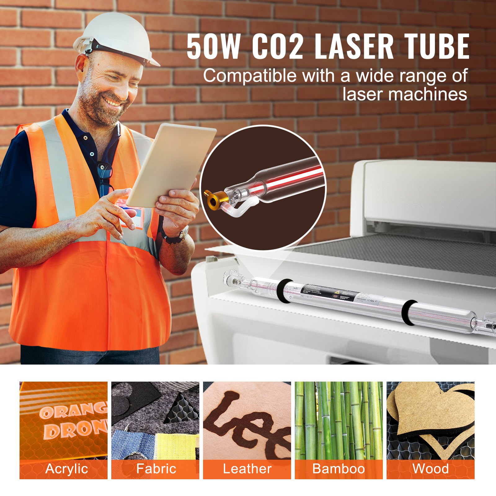 VEVOR Tubo Laser CO2 50W Tubo Laser per Incisione Lunghezza 850mm Diametro 50mm Alta Trasmittanza Parte di Ricambi, Tubo Laser CO2 per Macchine per Incisione Marcatura Laser Taglio Tessuto Acrilica