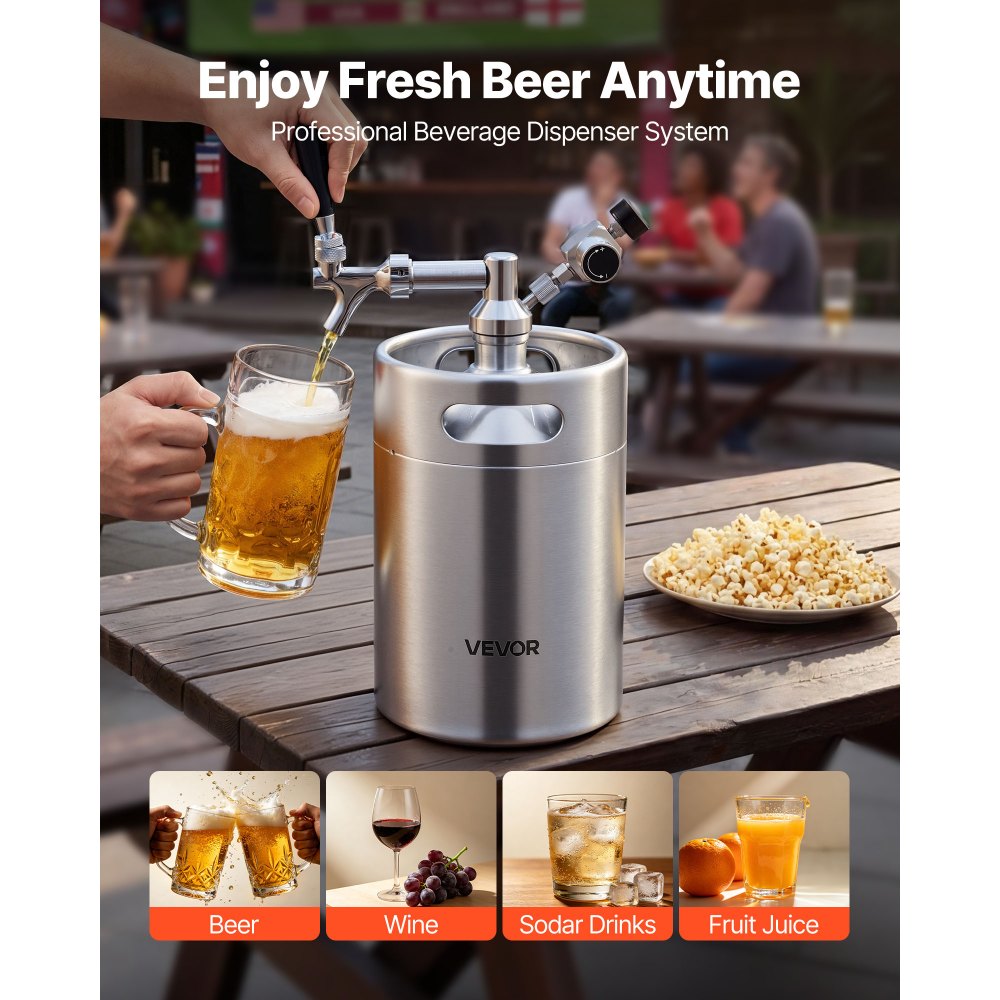 VEVOR Mini Fusto Pressurizzato per Birra Regolatore CO2 5 L alla Spina, Sistema di Spillatura per Birra Artigianale in Acciaio Inox 304 con Regolatore CO2 per Carbonazione Freschezza, Casa