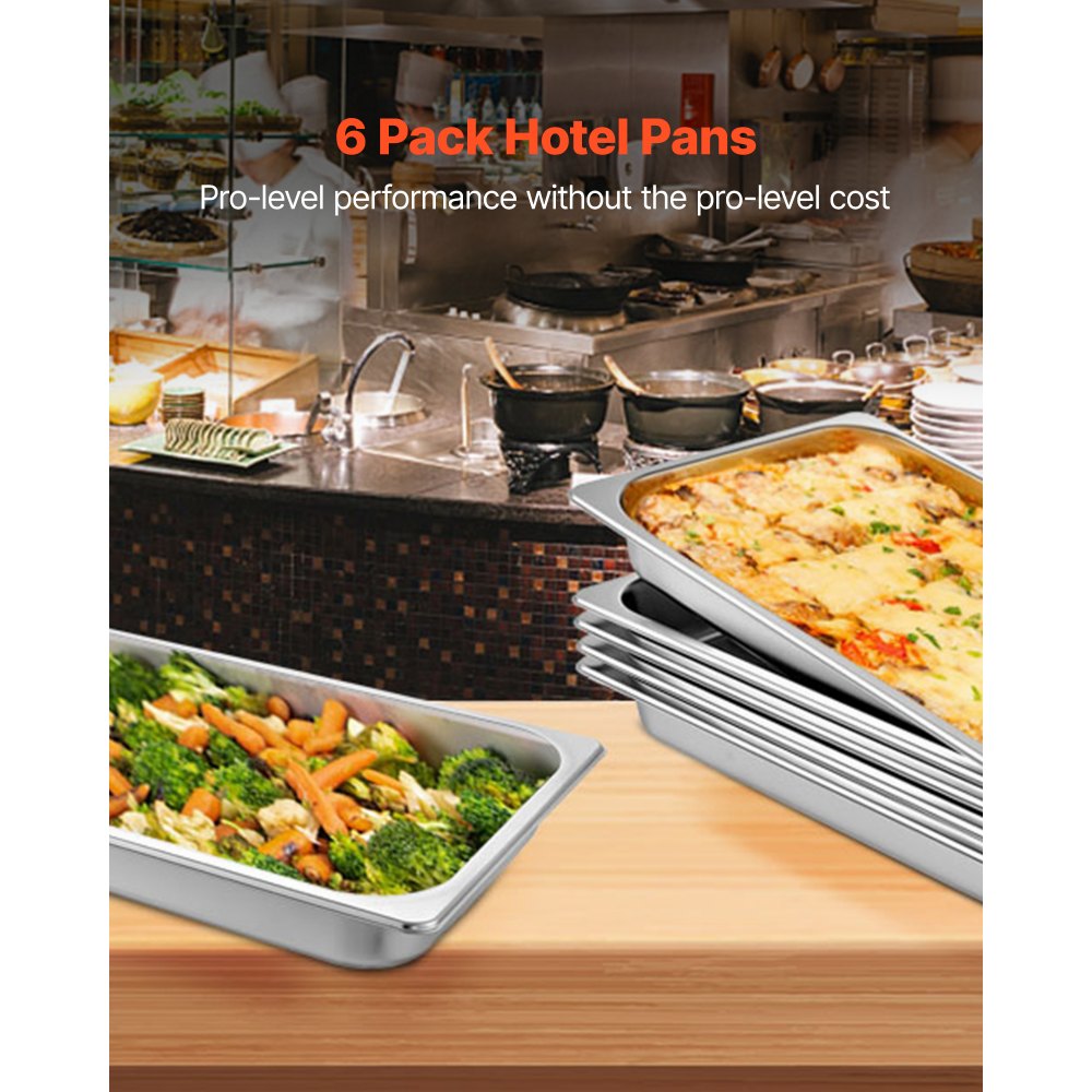 VEVOR Vassoio Rettangolare Portabile 8,5L Vassoio in Acciaio Inossidabile da 6 Pezzi, Piatto e Pentola al Vapore da Cucina 530x325x65mm, Teglia da Forno per Bar, Ristorante e Hotel
