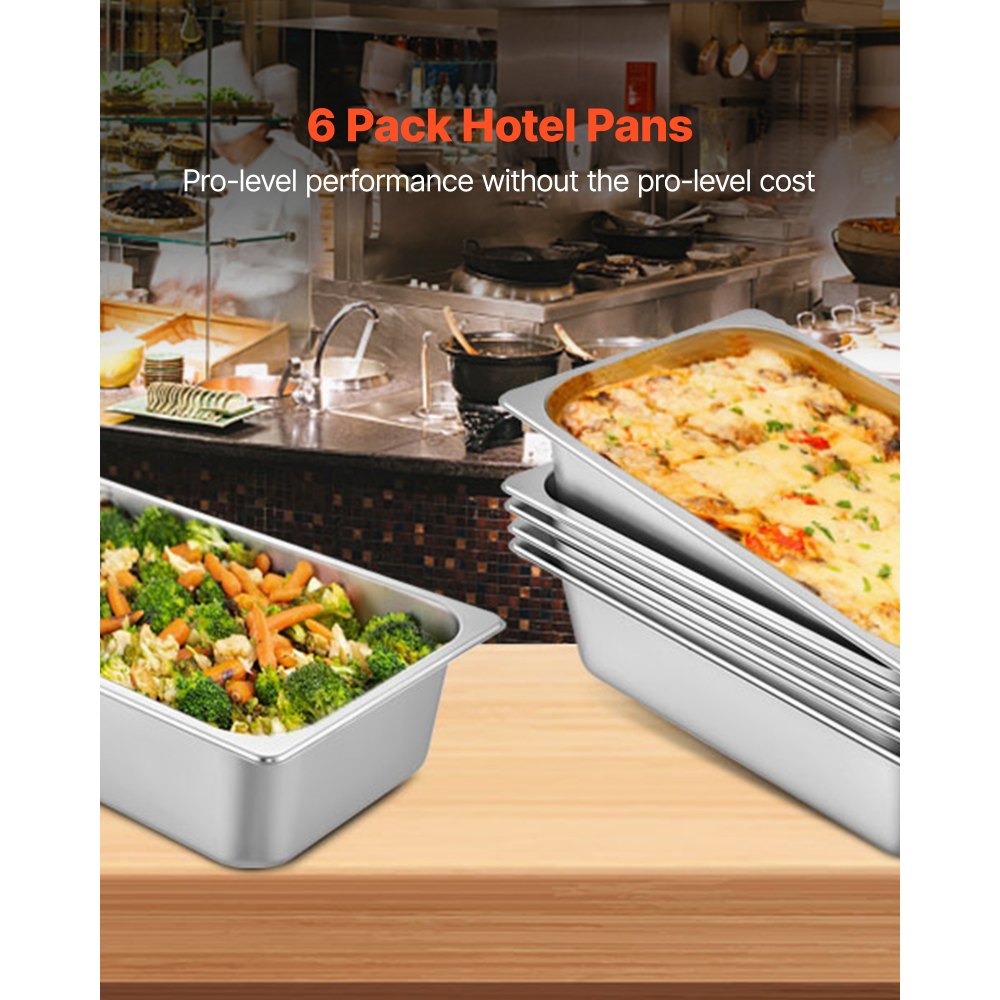 VEVOR Vassoio Rettangolare Portabile 20,5L Vassoio in Acciaio Inossidabile da 6 Pezzi, Piatto e Pentola al Vapore da Cucina 530x325x150mm, Teglia da Forno per Bar, Ristorante e Hotel