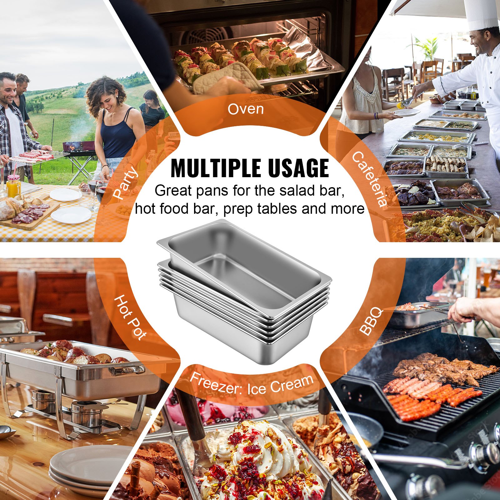 VEVOR Vassoio Rettangolare Portabile 20,5L Vassoio in Acciaio Inossidabile da 6 Pezzi, Piatto e Pentola al Vapore da Cucina 530x325x150mm, Teglia da Forno per Bar, Ristorante e Hotel