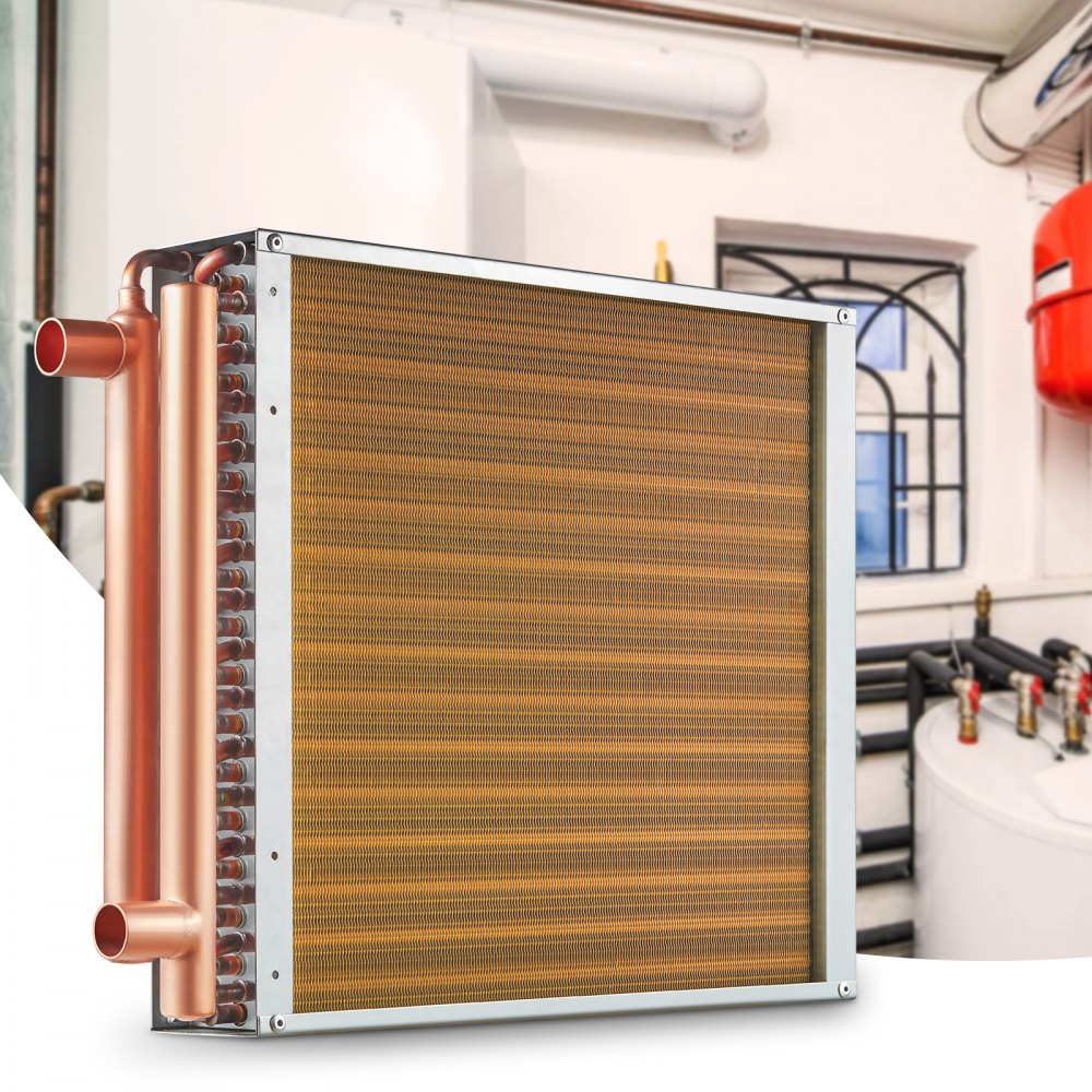 VEVOR water-to-air heat exchanger, 40.64 x 40.64 cm with 3 rows of 9.53 mm copper connections, 193 aluminum fin heat exchanger for wood stoves, heating and cooling in residential areas and warm air heating