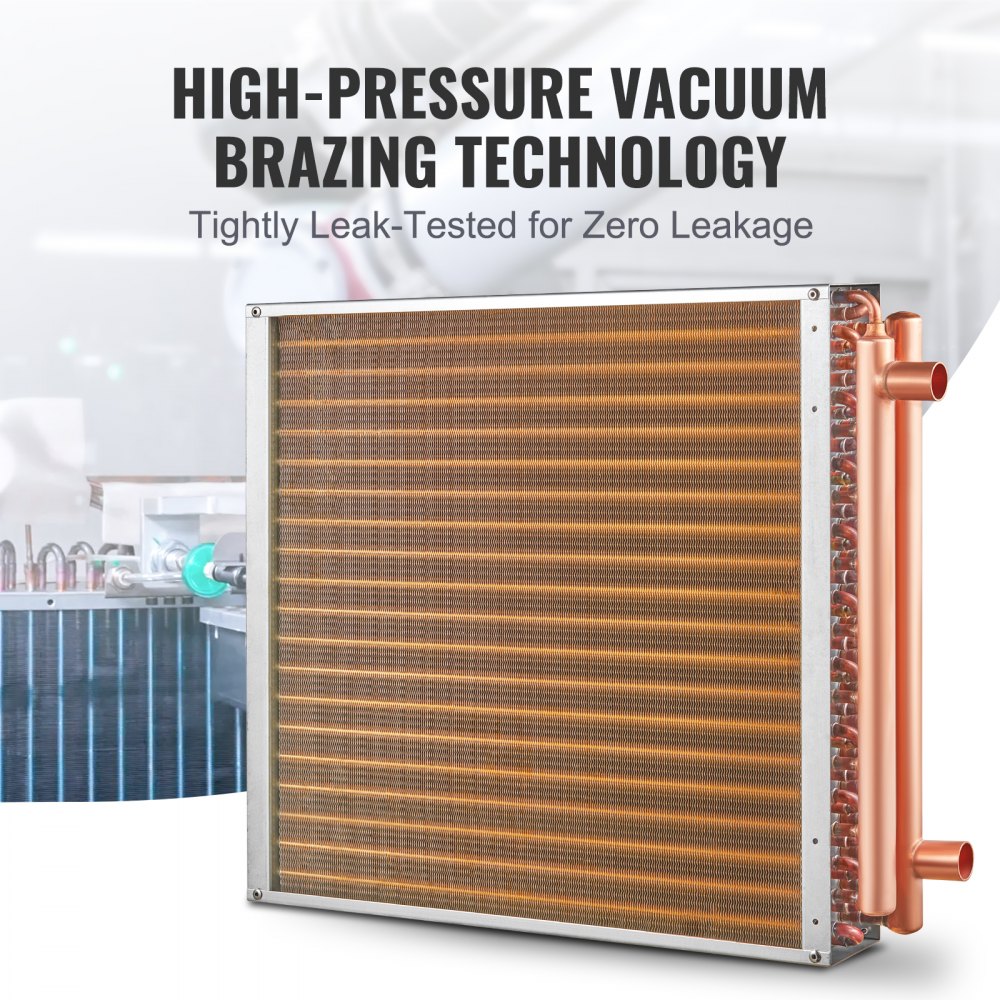 VEVOR water-to-air heat exchanger, 50.8 x 50.8 cm with 3 rows of 9.53 mm copper connections, 242 aluminum fin heat exchanger for wood stoves, heating and cooling in residential areas and warm air heating