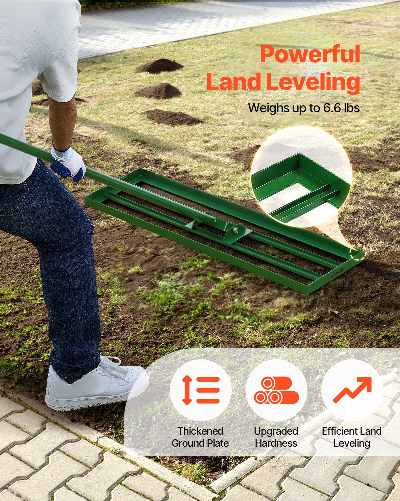 VEVOR Lawn Leveling Rake, 36"x10" Level Lawn Tool, Heavy-duty Lawn Leveler with 78" Steel Extended Handle, Yard Leveling Rake Suit for Garden, Golf Lawn, Farm