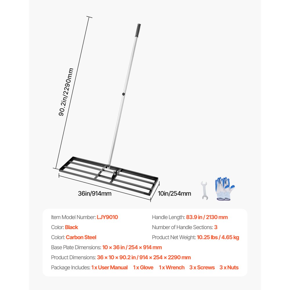 VEVOR Rastrello Livellatore per Prato, Livellatore in Acciaio al Carbonio Antiruggine con Manico da 2130 mm, Piastra di Base da 254 x 914 mm Regolabili per Campo da Golf da Giardino