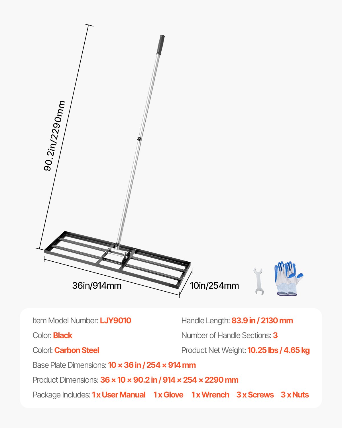VEVOR Rastrello Livellatore per Prato, Livellatore in Acciaio al Carbonio Antiruggine con Manico da 2130 mm, Piastra di Base da 254 x 914 mm Regolabili per Campo da Golf da Giardino