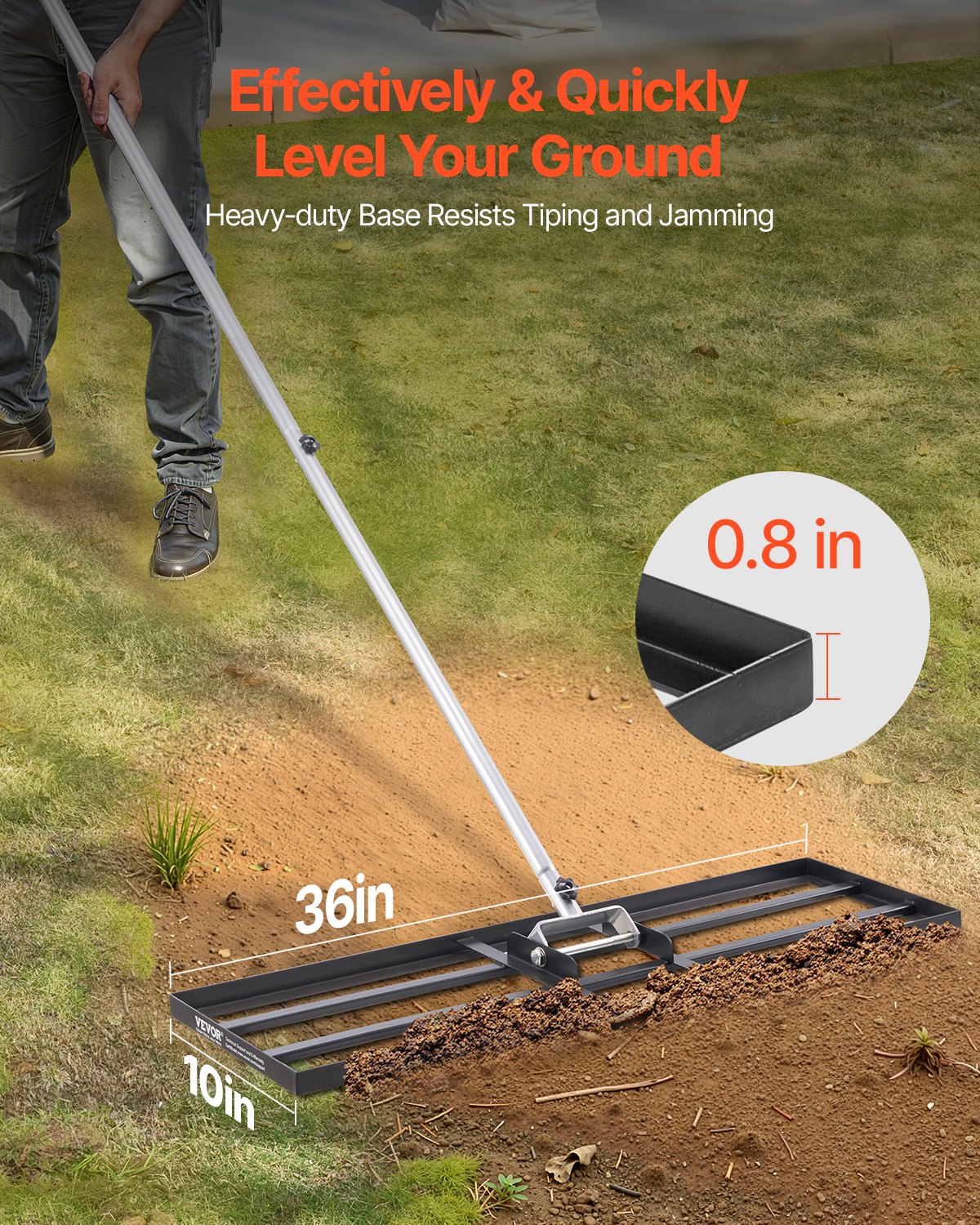 VEVOR Rastrello Livellatore per Prato, Livellatore in Acciaio al Carbonio Antiruggine con Manico da 2130 mm, Piastra di Base da 254 x 914 mm Regolabili per Campo da Golf da Giardino