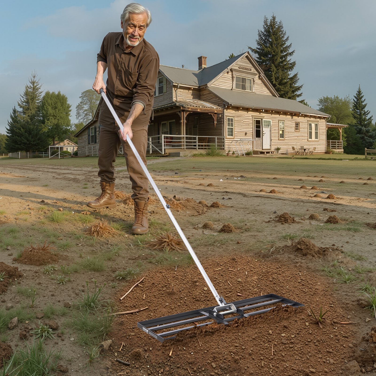 VEVOR Rastrello Livellatore per Prato, Livellatore in Acciaio al Carbonio Antiruggine con Manico da 2130 mm, Piastra di Base da 254 x 914 mm Regolabili per Campo da Golf da Giardino