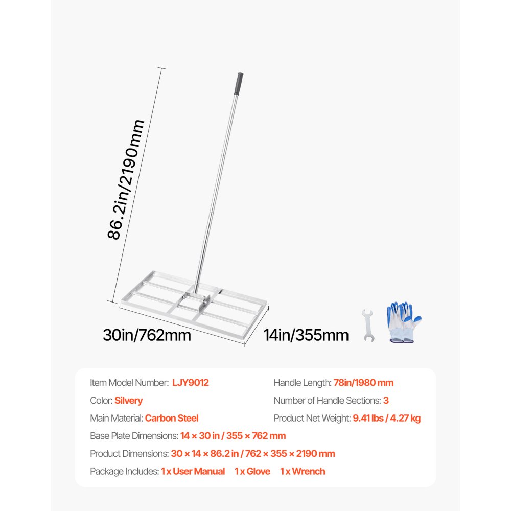 VEVOR Rastrello Livellatore per Prato, Livellatore in Acciaio al Carbonio Antiruggine con Manico da 2130 mm, Piastra di Base da 254 x 1219 mm Regolabili per Campo da Golf da Giardino