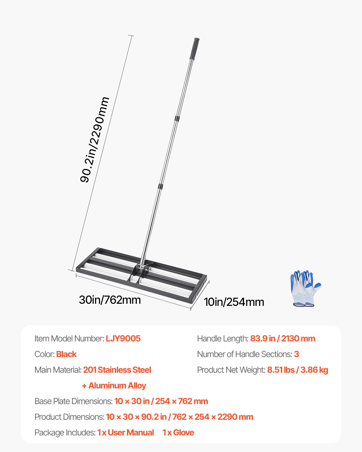 VEVOR Lawn Rake, 254x762 mm Stainless Steel Lawn Leveler with 213 cm Adjustable Handle, Leveling Rake, Garden Leveling Rake, Effortless Lawn Leveling Tool for Gardens and Golf Courses