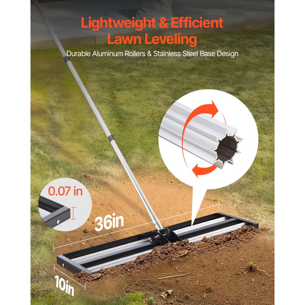 VEVOR Rastrello Livellatore per Prato con Manico Regolabile Lunghezza 2130 mm, Piastra di Base da 254 x 914 mm, Livellatore per Terreno in Metallo Antiruggine Rastrello per Campo da Golf, Giardino