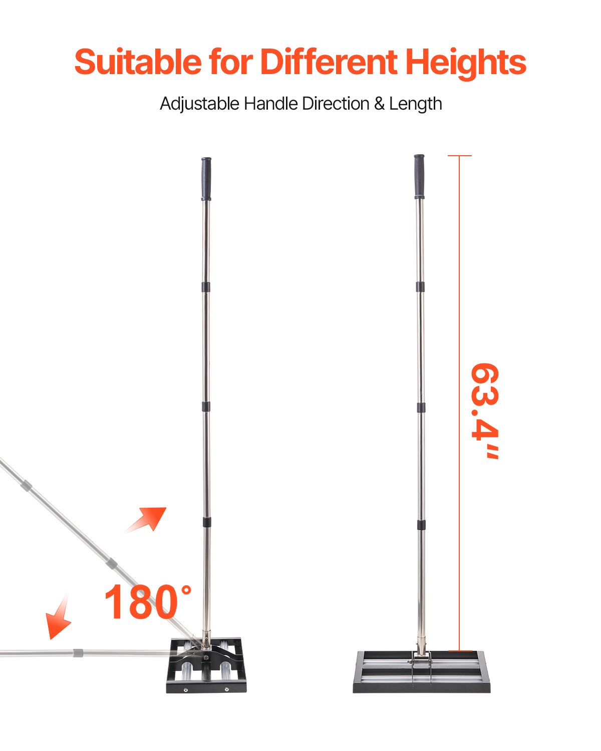 VEVOR Lawn Rake with Roller, 254x431 mm Stainless Steel Lawn Leveler with 161 cm Adjustable Handle, Robust Leveling Rake, Lawn Leveling Tool for Gardens and Golf Courses