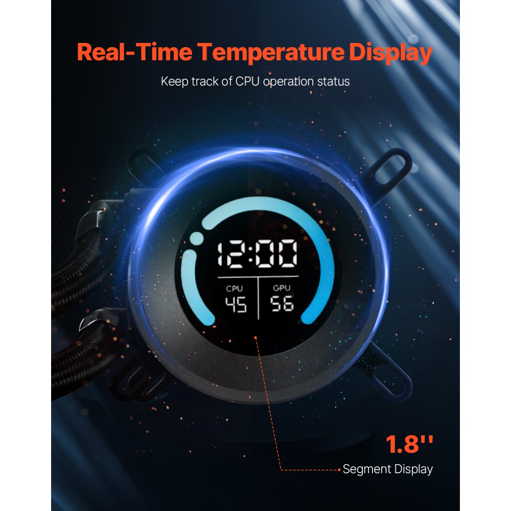 VEVOR Dissipatore di Calore a Liquido per AIO CPU, 2 Ventole PWN Raffreddamento da 120 mm e Pompa, con Display LCD da 283 x 120 x 56 mm, per Intel 115X/1366/2011/1700/1200, AMD AM4/AM5