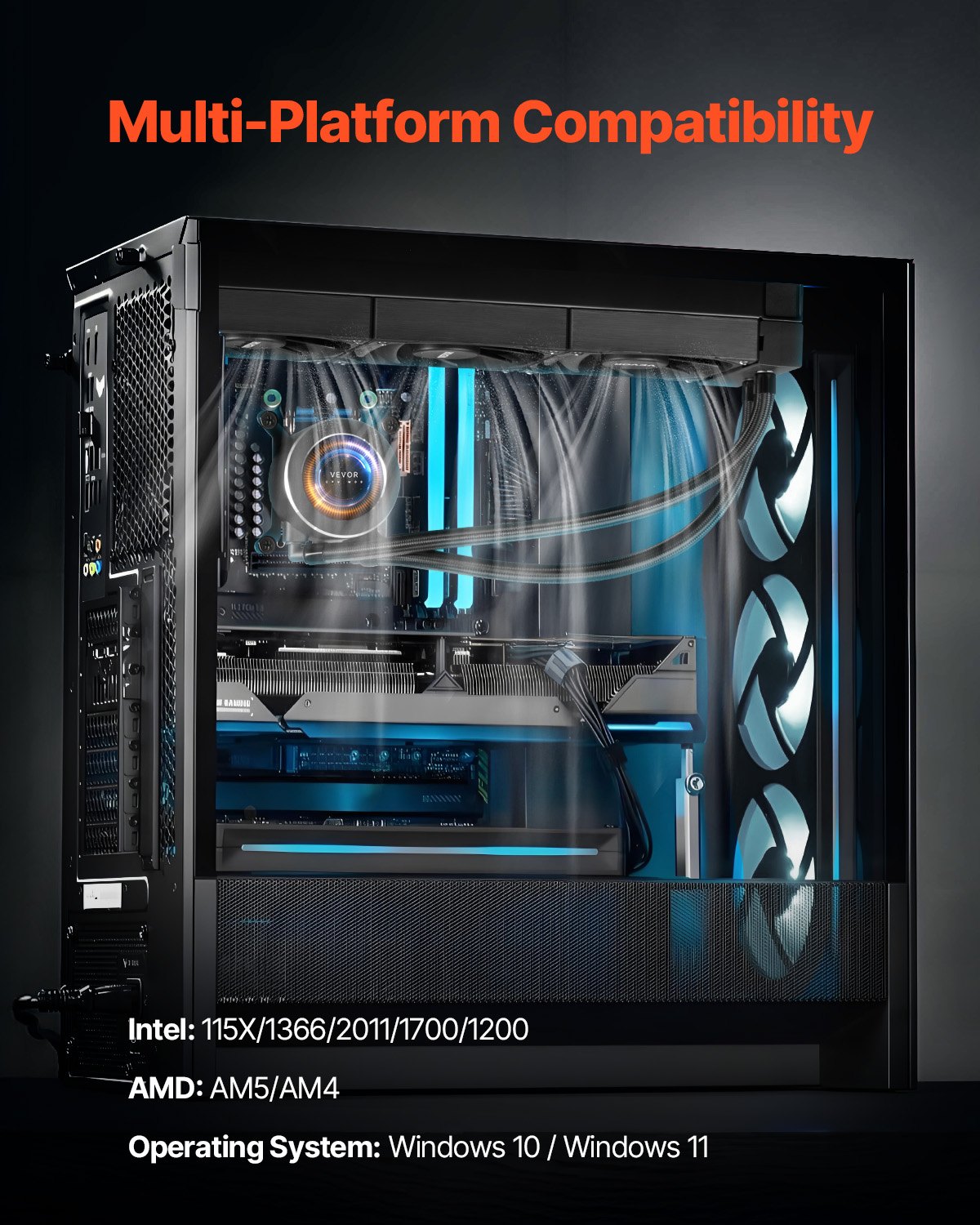 VEVOR Dissipatore di Calore a Liquido per AIO CPU, 3 Ventole PWN Raffreddamento da 120 mm e Pompa, con Display LCD da 283 x 120 x 56 mm, per Intel 115X/1366/2011/1700/1200, AMD AM4/AM5