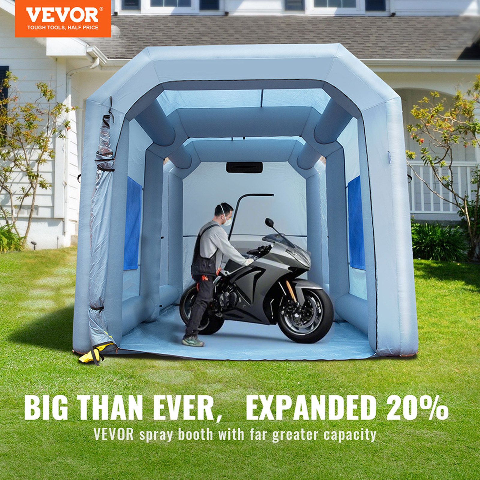 VEVOR Tenda di Verniciatura a Spruzzo Gonfiabile per Auto Moto SUV Ventilatore 950W Sistema di Filtrazione Filtro 3 Strati 6 Finestre d'Aerazione, Tenda Cabina per Verniciatura da Esterno Oxford 210D