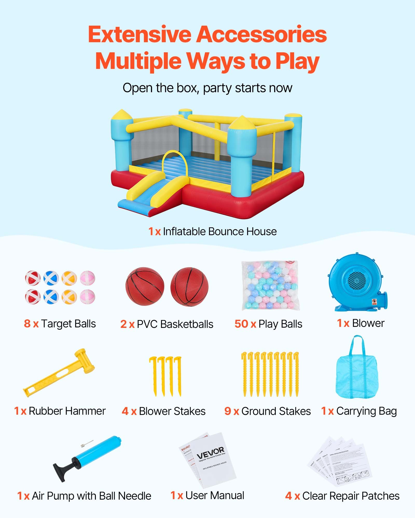 VEVOR Castello Gonfiabile Parco Gioco per Bambini da Esterno 448 x 420 x 207 cm con Scivolo Canestro da Basket, Castello Gonfiabile per 3-4 Bambini Feste all'Aperto Gioco per Età 3-8 Anni