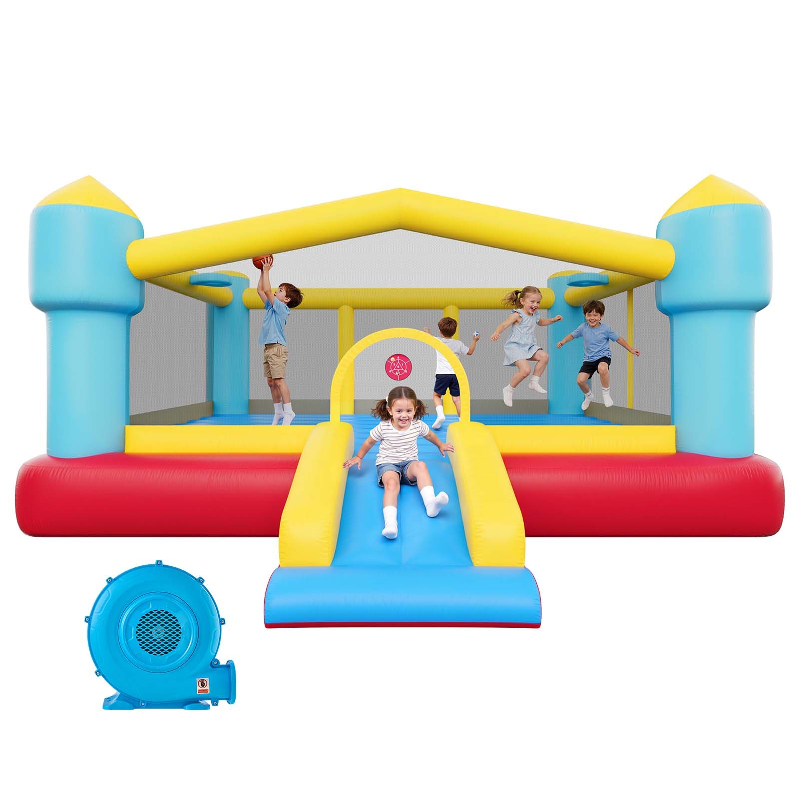 VEVOR Castello Gonfiabile Parco Gioco per Bambini da Esterno 448 x 420 x 207 cm con Scivolo Canestro da Basket, Castello Gonfiabile per 3-4 Bambini Feste all'Aperto Gioco per Età 3-8 Anni