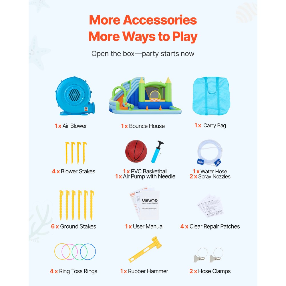 VEVOR Inflatable Bounce House, 11.3 x 12.3 x 7.0 ft Inflatable Bounce House Water Slide, Bouncer Castle with Castle Bounces, Basketball Hoop, Splash Pool & Water Ring Toss, for 3 to 4 Kids Ages 3 to 8