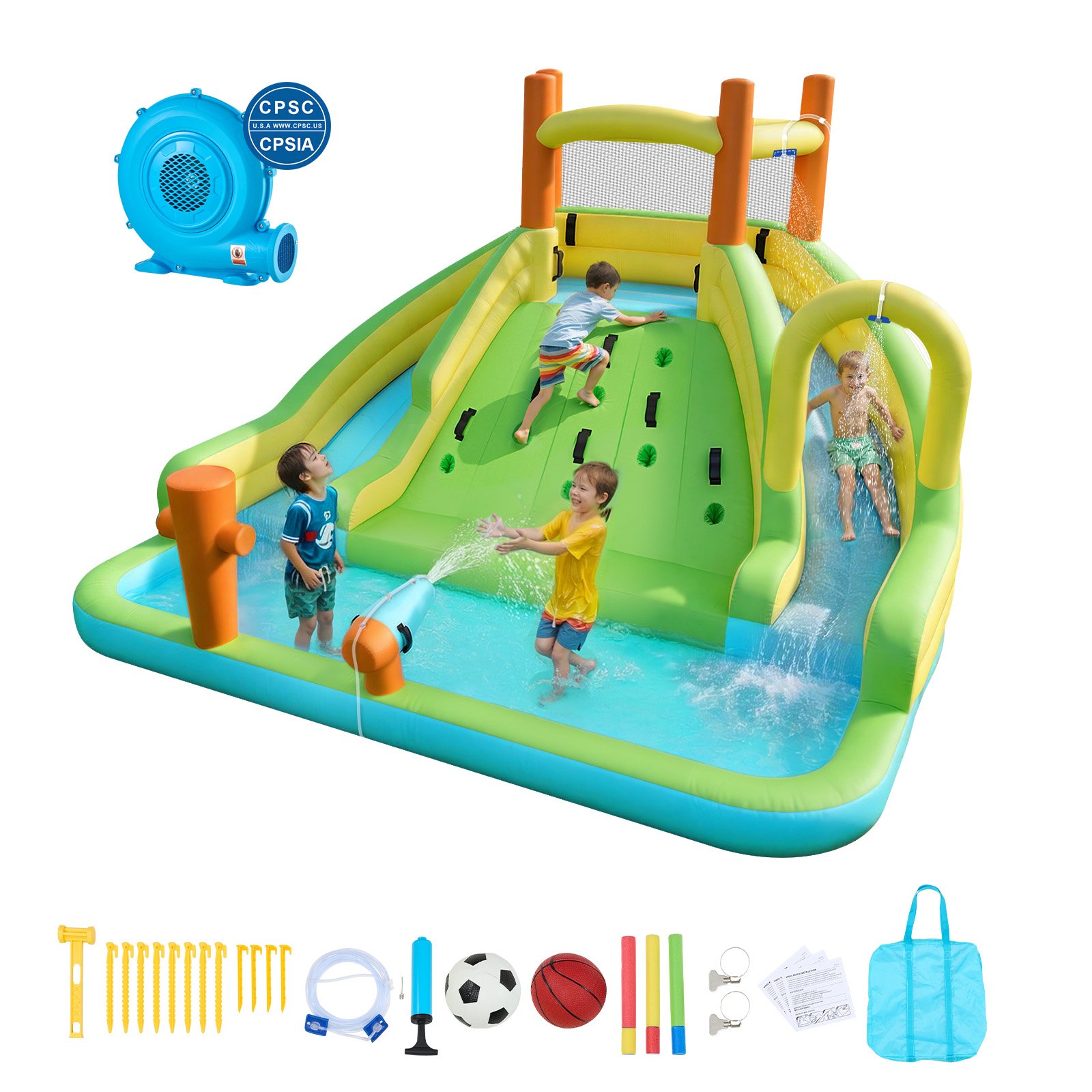 VEVOR Castello Gonfiabile Parco Acquatico per Bambini 405 x 347 x 255 cm da Esterno, Castello Gonfiabile con 2 Scivoli Parete da Arrampicata Capienza 3-4 Bambini da 3-8 Anni Gioco d'Acqua