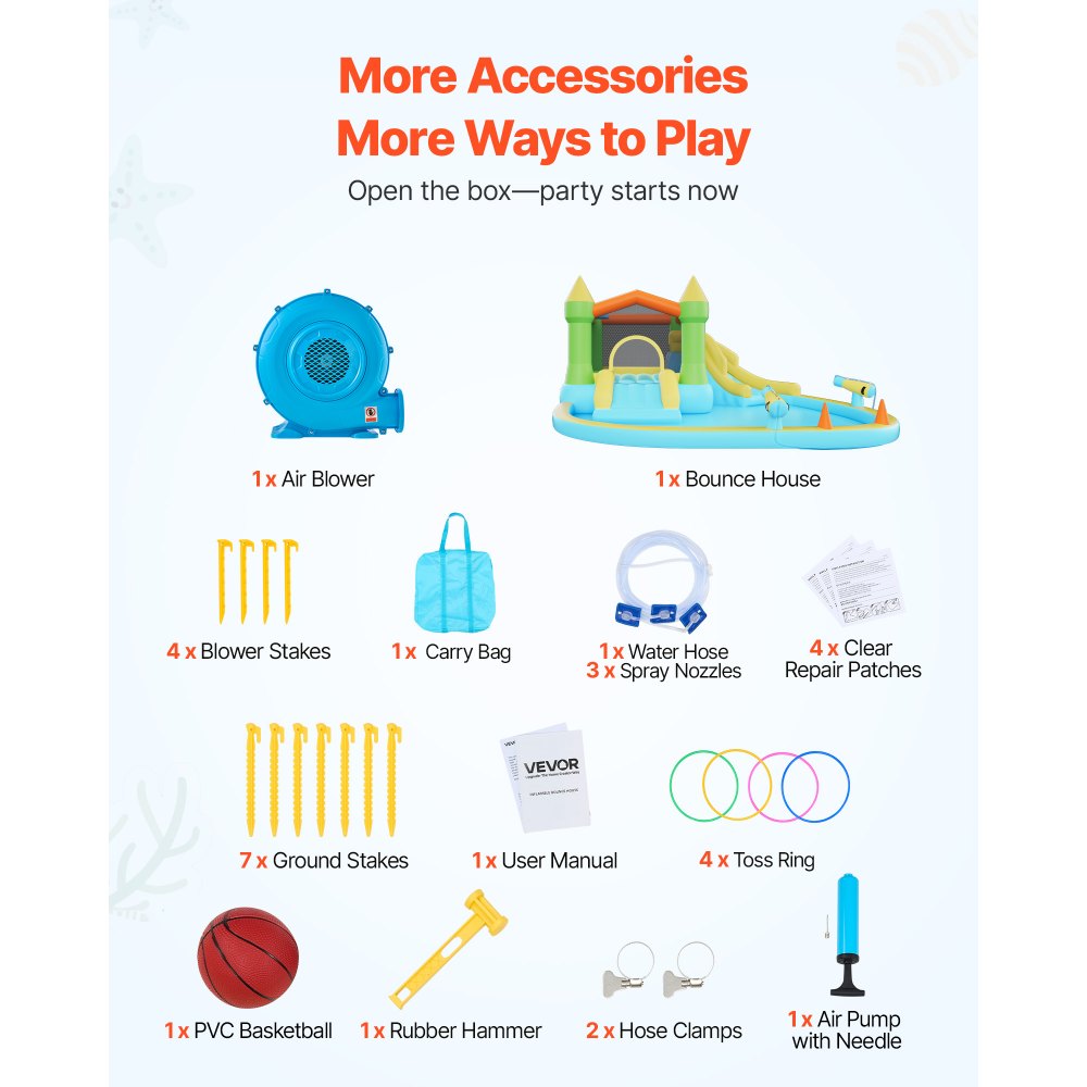 VEVOR Inflatable Bounce House, 12.5 x 13.1 x 6.5 ft Inflatable Bounce House Water Slide, Bouncer Castle with Castle Bounces, Basketball Hoop, Splash Pool & Water Ring Toss, for 3 to 4 Kids Ages 3 to 8