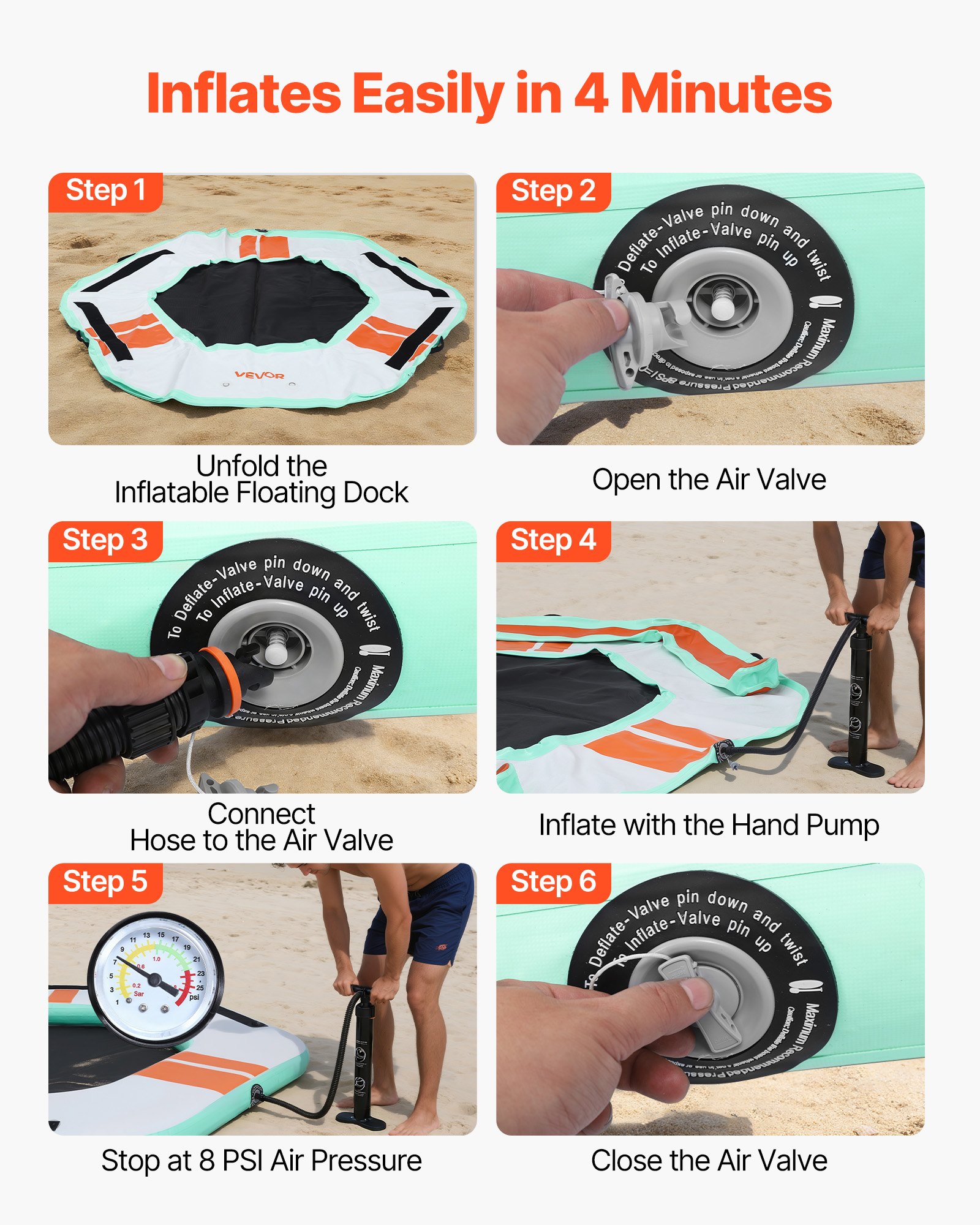 VEVOR Pontile Galleggiante Gonfiabile 2,6 x 2,6 m Piattaforma Gonfiabile per Piscina Spiaggia Giochi Sport Acquatici Feste da Esterno Spessore 150 mm con Scala Rimovibile Borsa da Trasporto Portatile