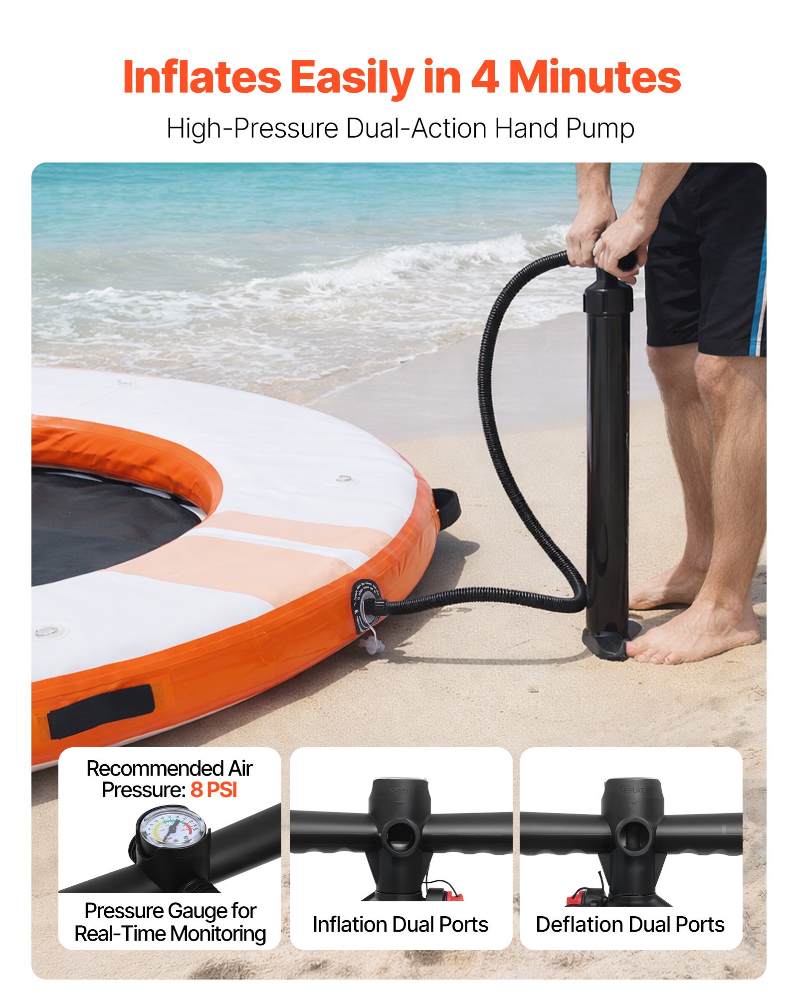 VEVOR Pontile Galleggiante Gonfiabile da 2,44m, Piattaforma Antiscivolo per Acqua con Borsa per Trasporto Portatile e Scaletta Staccabile, Piattaforma Galleggiante per Piscina Mare Spiaggia Arancione