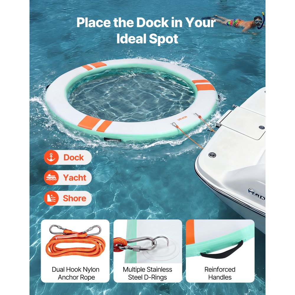 VEVOR Inflatable Floating Dock, 2.44M Round Inflatable Dock Platform, Non-Slip Water Floating Dock Mat with Portable Carrying Bag & Detachable Ladder, Float Platform Island Raft for Pool Beach Ocean