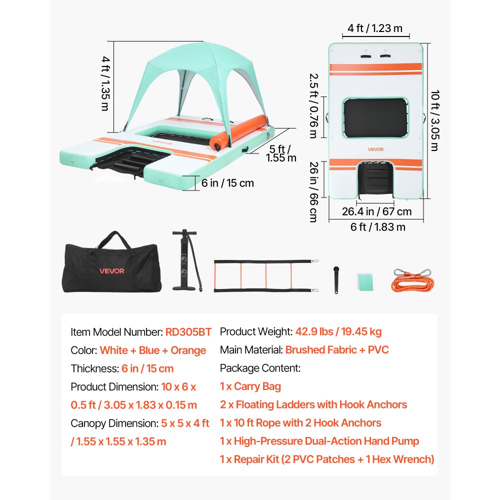 VEVOR Pontile Galleggiante Gonfiabile con Tenda Parasole 3,05 x 1,83 m da Mare Piscina, Piattaforma Galleggiante con Superficie Antiscivolo, Rampa per Cani, Isola d'Acqua per Piscina Spiaggia Mare