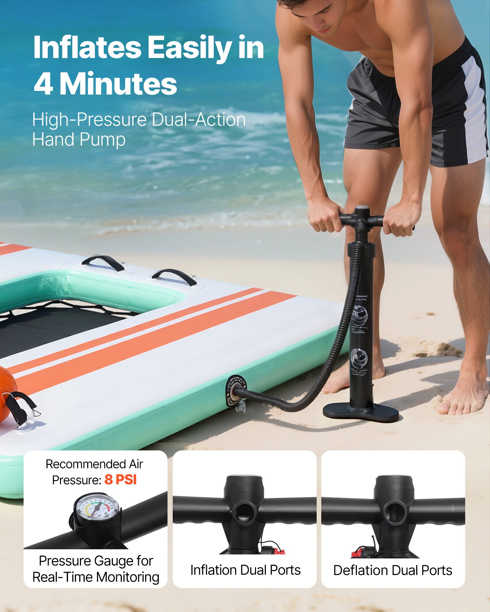 VEVOR Pontile Galleggiante Gonfiabile 2,44 x 1,83 m da Mare Piscina, Piattaforma Galleggiante con Superficie Antiscivolo Scaletta Staccabile, Rampa per Cani, Isola d'Acqua per Piscina Spiaggia Mare