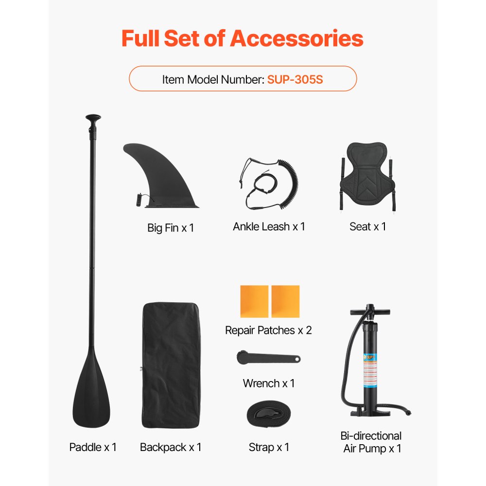 VEVOR Tavola da Paddle Gonfiabile con Sedile 304,8 x 83,8 x 15,2 cm Tavola da Paddle SUP Ultraleggera, con Accessori, Pompa, Pagaia, Pinna, Zaino, Guinzaglio per Caviglia, Cinghia, per Giovani Adulti