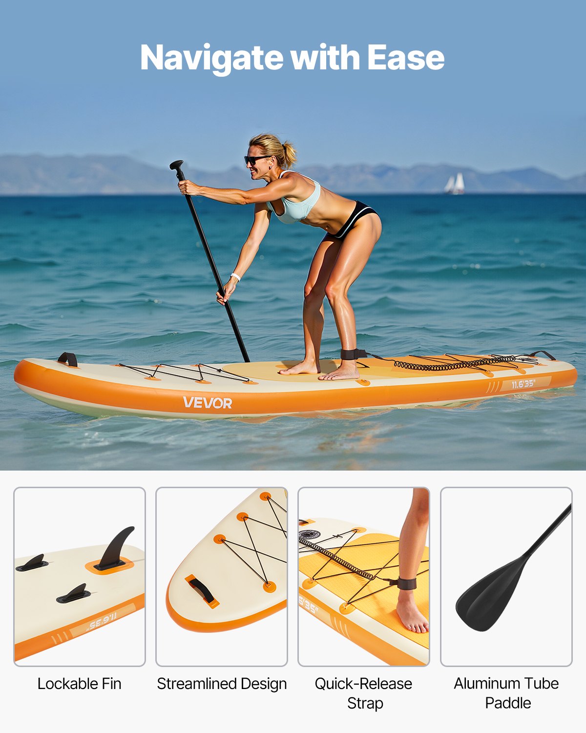 VEVOR Inflatable Stand Up Paddle Board (353.6 x 89 x 15.2 cm) Paddleboard, Complete Set including Pump, Paddle, Fin, Backpack, Ankle Leash, Strap, Non-Slip Deck for Teenagers and Adults