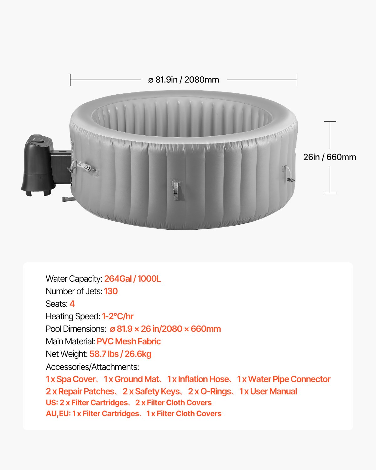 VEVOR Vasca Rotonda da Bagno Gonfiabile, per 4 a 6 Persone 208 x 66 cm, con 130 Getti Rilassanti, Filtro, Copertura, Tappetino, Pannello Controllo, Piscina Termale per Esterni, Grigio