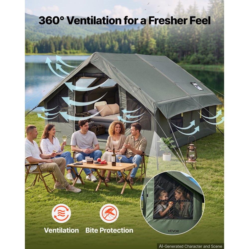 VEVOR Tenda Gonfiabile per Campeggio 5-8 Persone con Pompa Colore Verde, per Glamping in Famiglia Aperto, in Policotone Impermeabile, con Lucernario Presa per il Fornello Finestre in Rete e Borsa