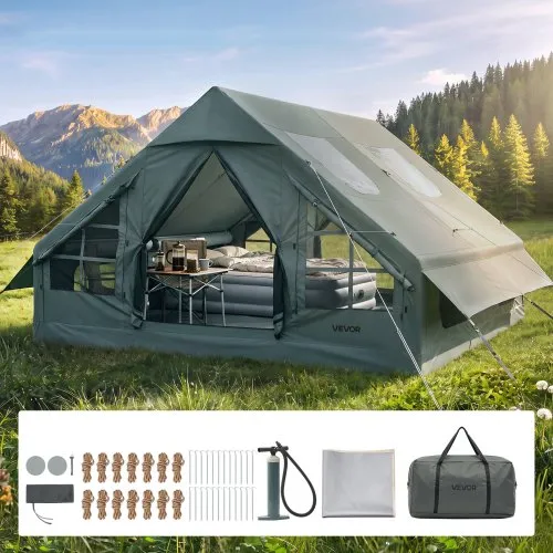 VEVOR Tenda Gonfiabile per Campeggio per 5-8 Persone con Pompa Manuale, Ideale per Campeggio, in Tessuto Oxford 420D Impermeabile, con Lucernario Presa Stufa Finestre in Rete e Borsa per Trasporto