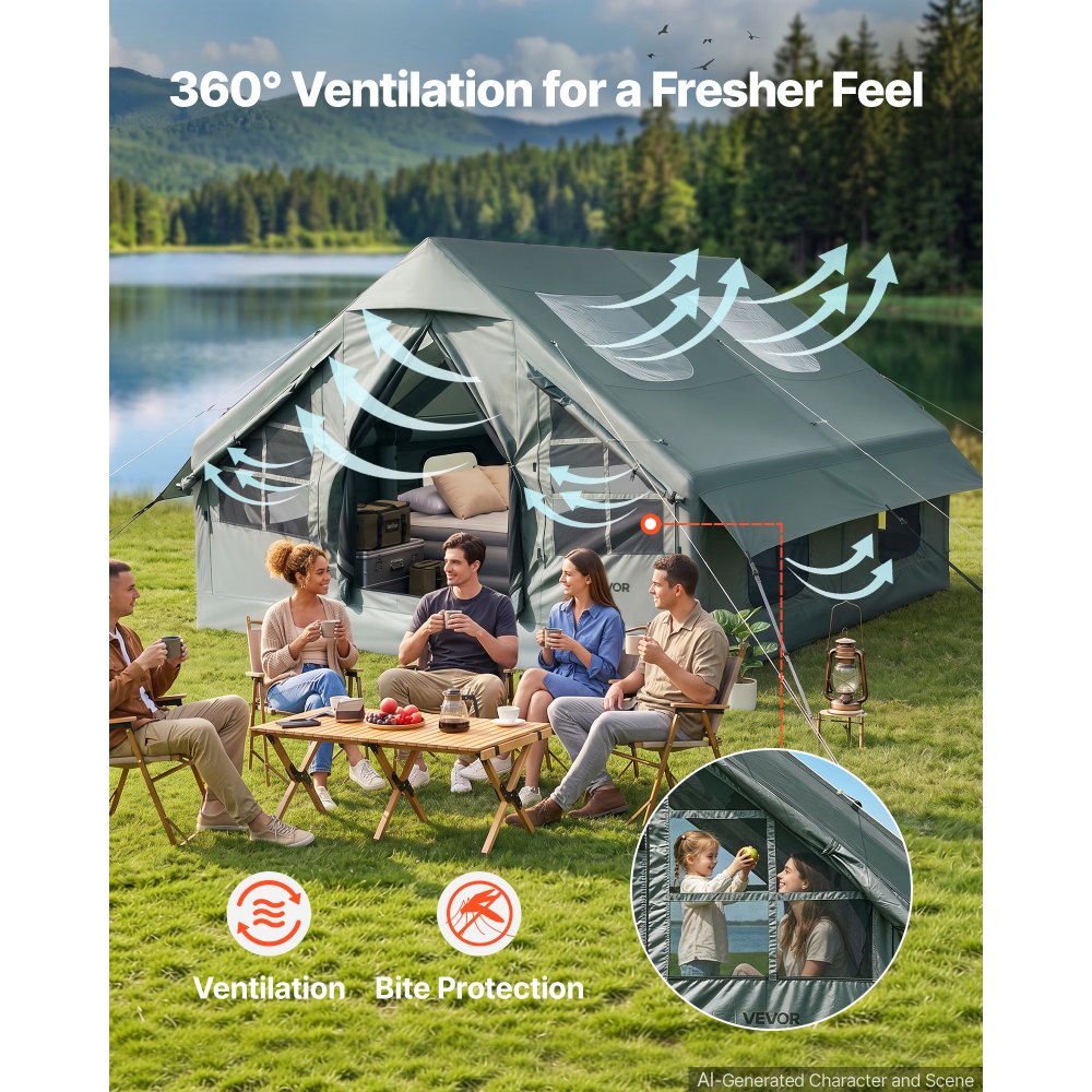 VEVOR Tenda Gonfiabile per Campeggio per 5-8 Persone con Pompa Manuale, Ideale per Campeggio, in Tessuto Oxford 420D Impermeabile, con Lucernario Presa Stufa Finestre in Rete e Borsa per Trasporto