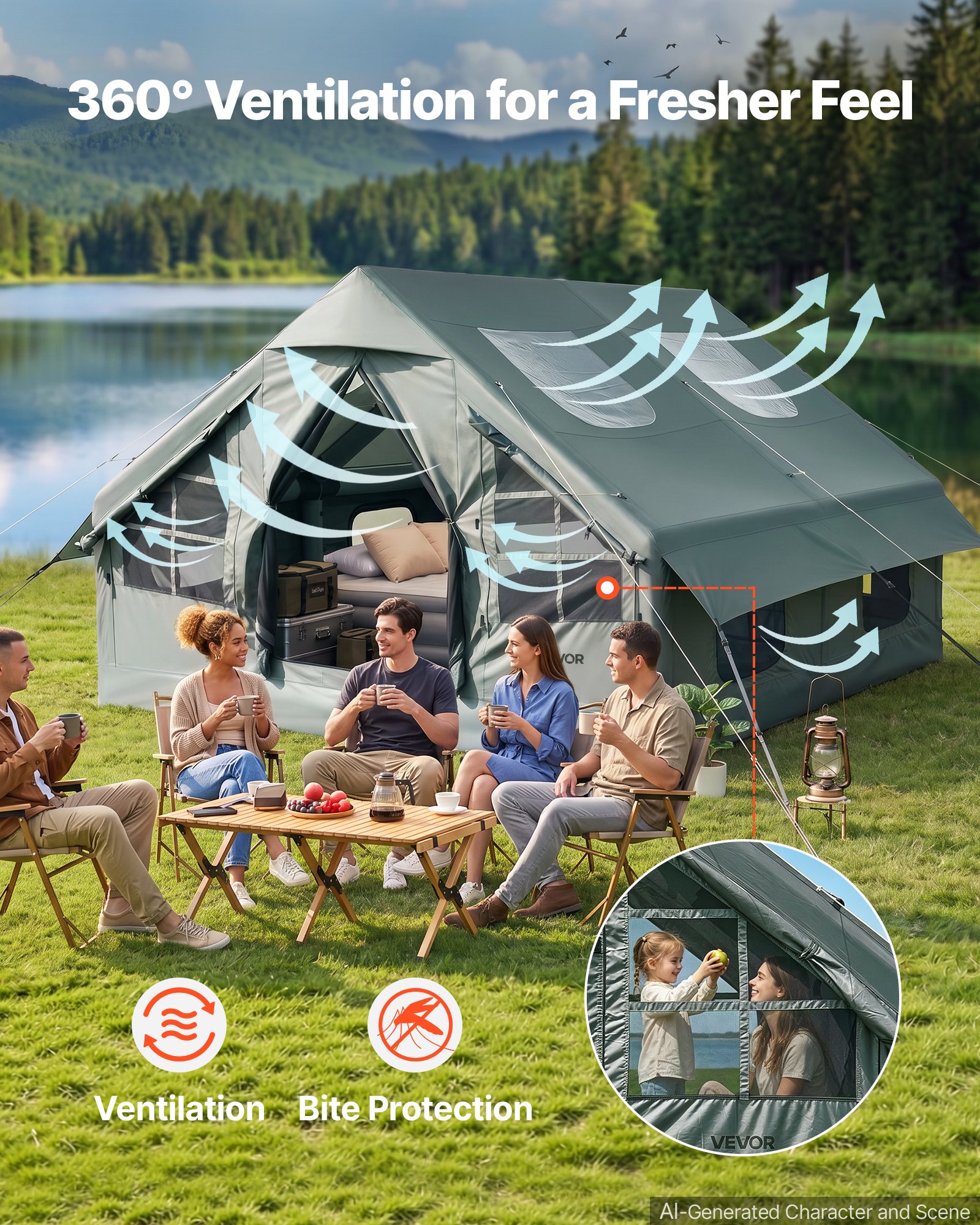 VEVOR Tenda Gonfiabile per Campeggio per 5-8 Persone con Pompa Manuale, Ideale per Campeggio, in Tessuto Oxford 420D Impermeabile, con Lucernario Presa Stufa Finestre in Rete e Borsa per Trasporto