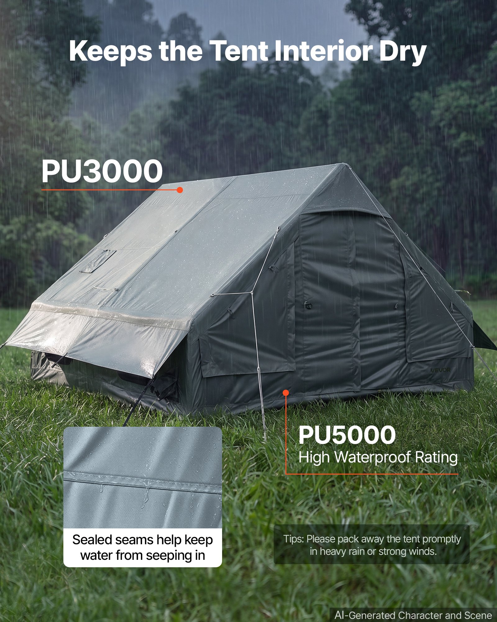 VEVOR Tenda Gonfiabile per Campeggio per 5-8 Persone con Pompa Manuale, Ideale per Campeggio, in Tessuto Oxford 420D Impermeabile, con Lucernario Presa Stufa Finestre in Rete e Borsa per Trasporto