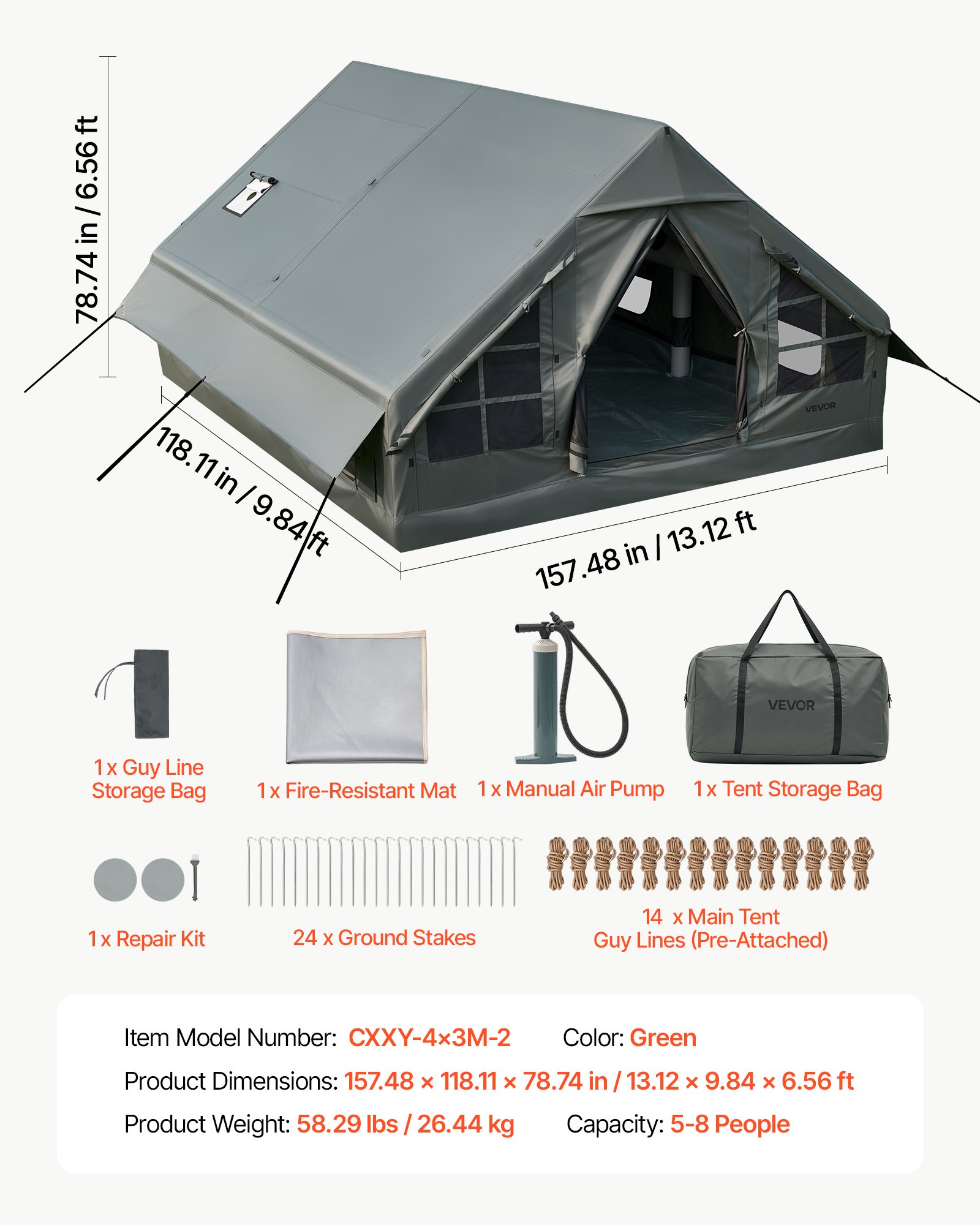 VEVOR Tenda Gonfiabile per Campeggio per 5-8 Persone con Pompa Manuale, Ideale per Campeggio, in Tessuto Oxford 420D Impermeabile, con Lucernario Presa Stufa Finestre in Rete e Borsa per Trasporto