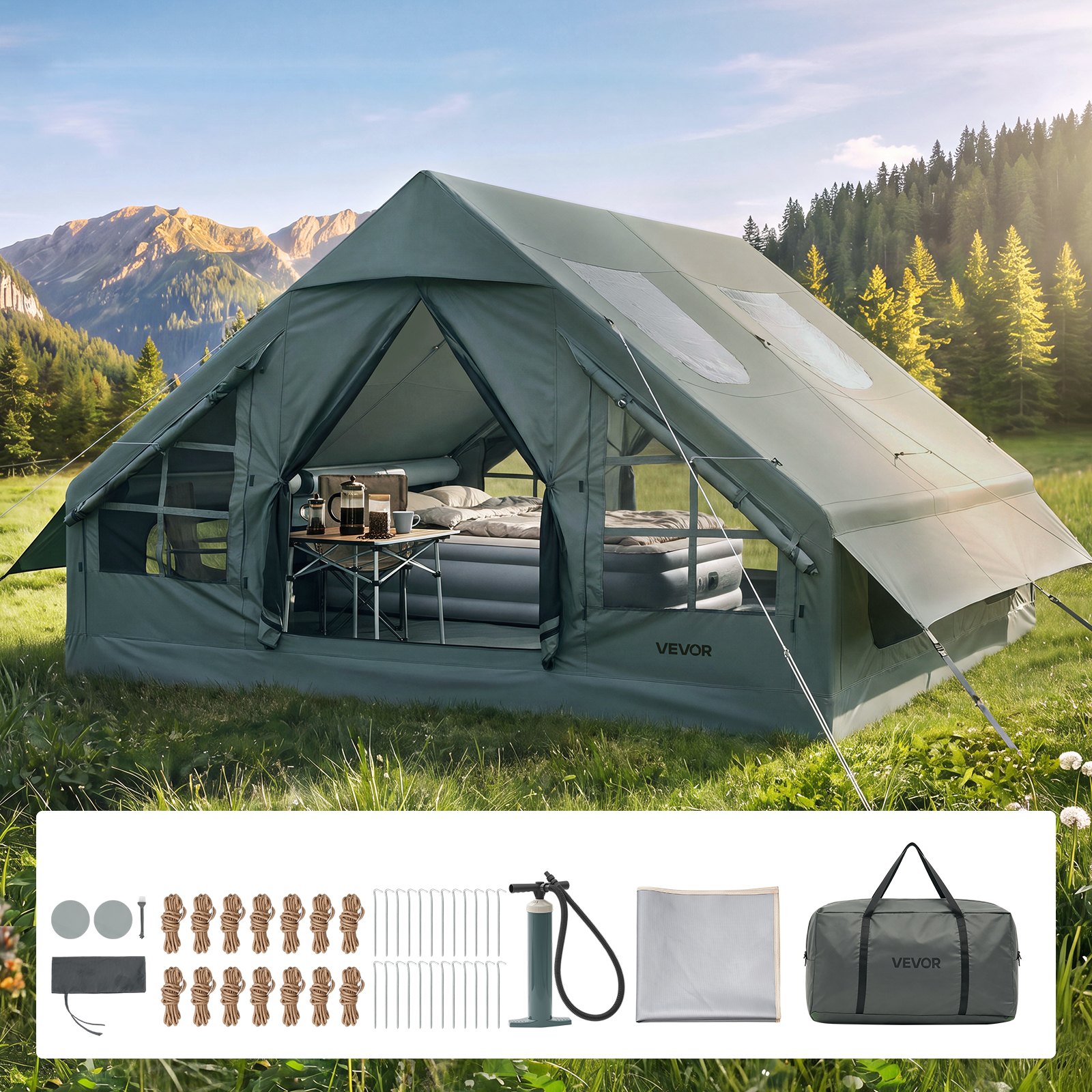 VEVOR Tenda Gonfiabile per Campeggio per 5-8 Persone con Pompa Manuale, Ideale per Campeggio, in Tessuto Oxford 420D Impermeabile, con Lucernario Presa Stufa Finestre in Rete e Borsa per Trasporto