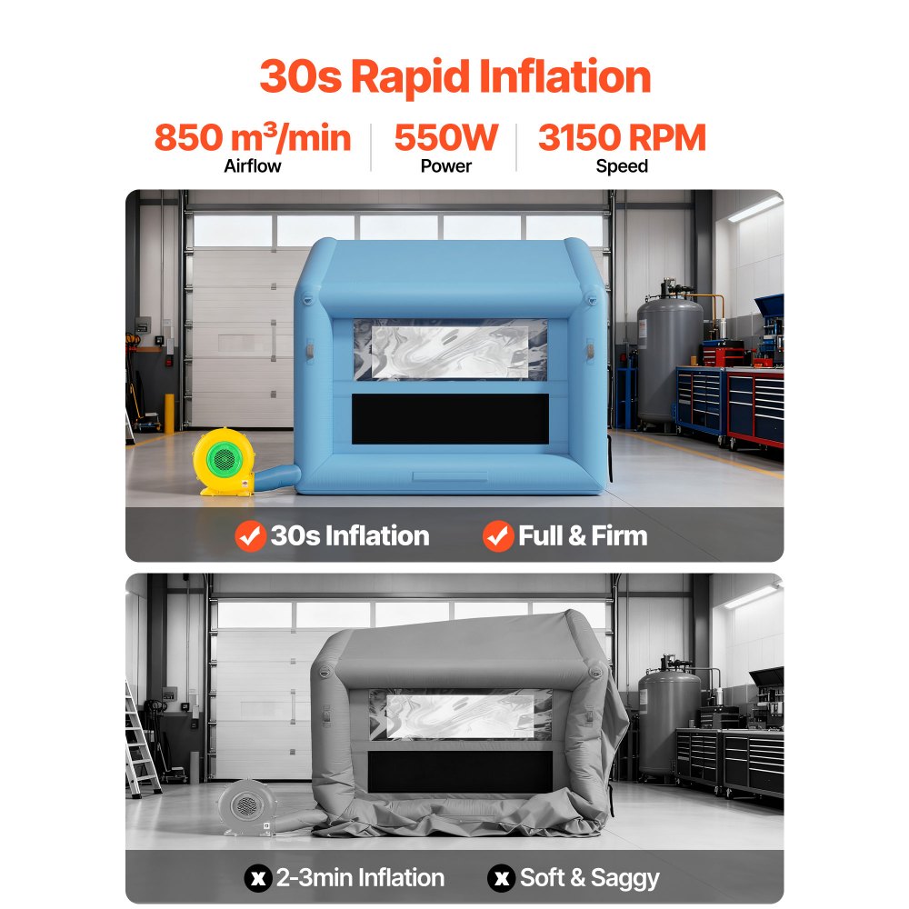 VEVOR Cabina per Verniciatura Gonfiabile 3 x 2,5 x 2,5 m, Tenda per Vernice a Spruzzo con Ventilatore da 550 W, Tetto Triangolare con Finestre Sistema di Filtraggio dell'Aria Tessuto Oxford 210D, Blu